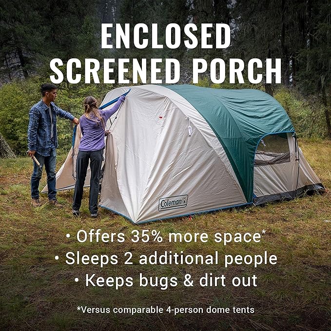 Coleman Cabin Camping Tent with Screened Porch 4/6 Person Weatherproof Tent with Enclosed Screened Porch Option Includes Rainfly Carry Bag Extra Storage and 10 Minute Setup