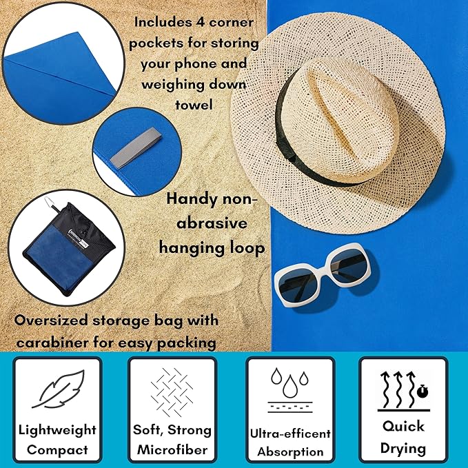 BIRDROCK HOME Multi-Purpose Microfiber Towel for The Beach, Travel, Pets or Camping - Large 31 x 63” - Blue - Quick-Dry - Absorbent Lightweight Compact - Bag - Kids Hiking Outdoor - Corner Pockets