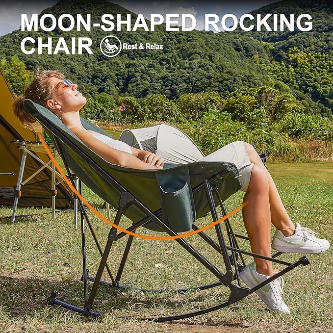 Oversized Rocking Camping Chair for Adults Heavy Duty,Padded Outdoor Rocking Chair Lawn Chairs Portable Rocking Camp Chairs with Side Pocket and Carry Bag for Indoor,Beach,Camp,Lawn,Outdoor