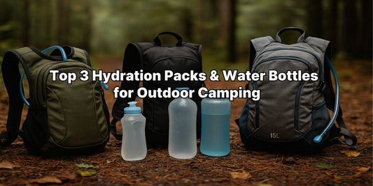 A lineup of hydration backpacks and water bottles arranged on a forest trail, ideal for outdoor camping, hiking, and hands-free hydration.