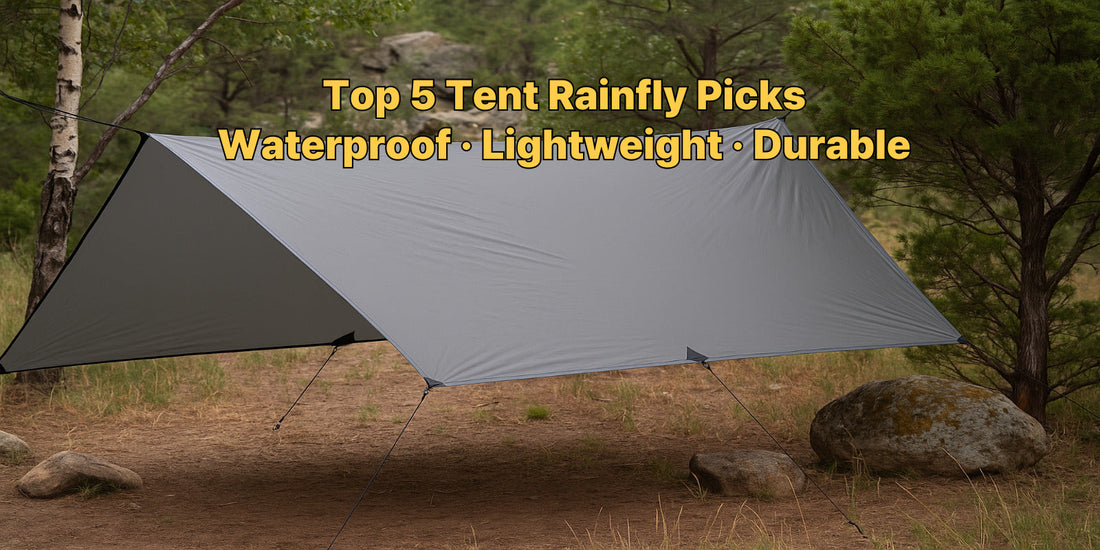 Grey waterproof tent rainfly set up in a forest with trees and rocks, designed for outdoor camping, backpacking, and all-weather shelter.