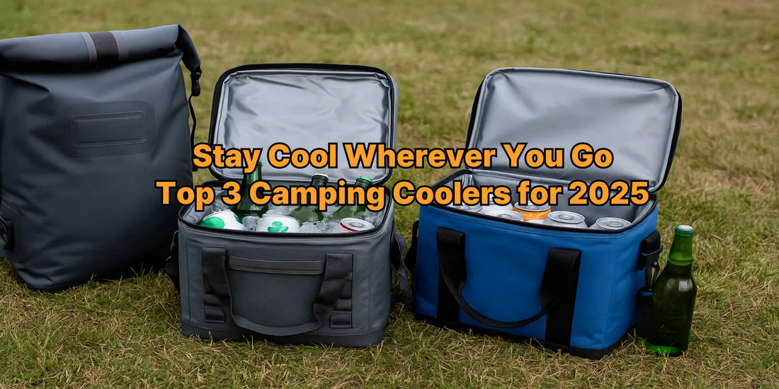 Three camping coolers on grass filled with ice, bottles, and cans—featuring backpack and soft-sided designs for outdoor food storage.