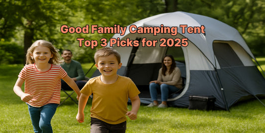  A happy family camping in the forest with two kids running on grass in front of a large tent, capturing the joy of using a good family camping tent outdoors.