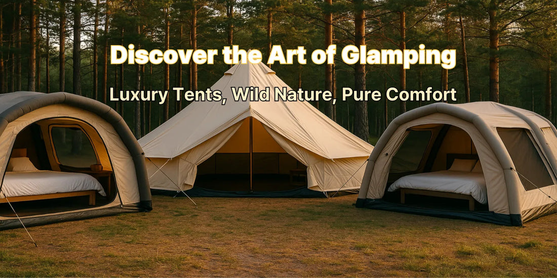 Three glamping tents in a peaceful pine forest, showcasing luxury camping comfort and natural surroundings.