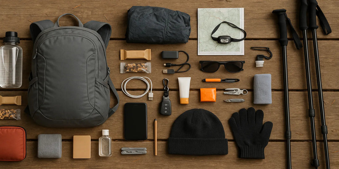 Flat lay of hiking essentials: 15L daypack, water, map, headlamp, snacks, first aid kit, multitool, gloves, trekking poles.
