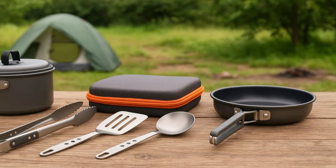 Camping cookware set with stainless steel utensils, nonstick pan, pot, and carry case on wooden table, green tent and trees in background.