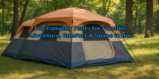 "A spacious family camping tent set up in a green forest clearing, ideal for outdoor adventures with children and multiple adults."