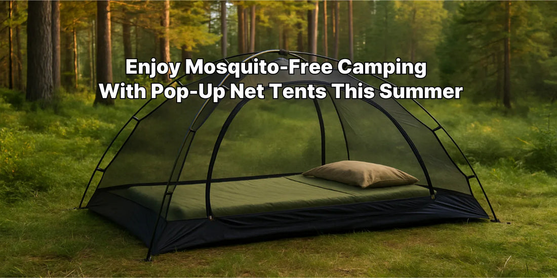 A mosquito net tent set up at a peaceful campsite surrounded by trees, designed for outdoor protection from insects during summer camping.