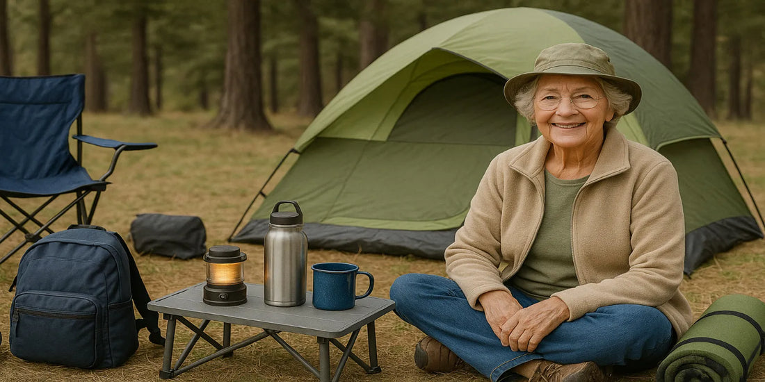 An elderly woman smiles while camping in a forest, sitting near a green tent with a lantern, thermos, mug, and backpack.