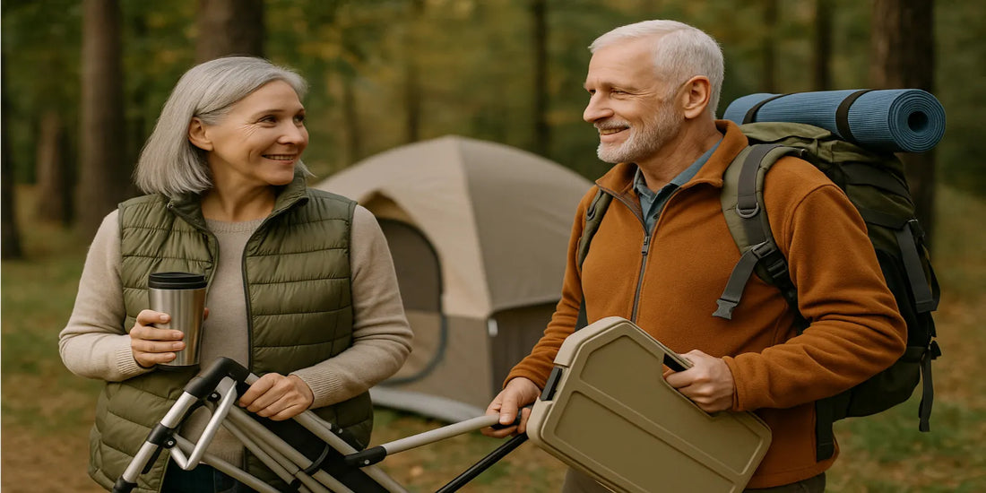 A smiling senior couple enjoys camping outdoors, standing near a tent with gear, a backpack, and a mug, sharing a relaxed conversation.