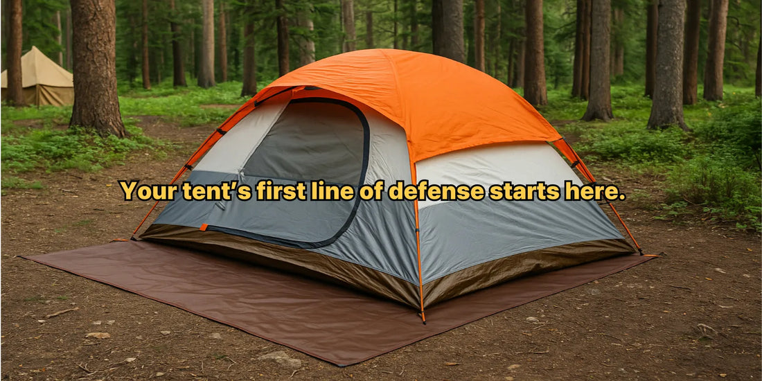A waterproof tent footprint placed under a dome tent in a forest campsite, protecting it from dirt, rocks, and ground moisture.