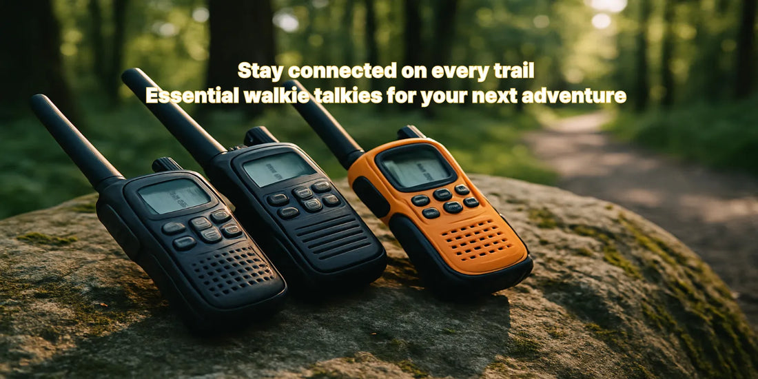 Three walkie talkies placed on a mossy rock in a forest setting, highlighting essential camping communication tools in natural daylight.