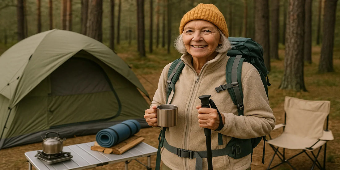 Smiling senior woman camping in the forest, standing near a tent with backpack, trekking pole, and hot drink in hand.