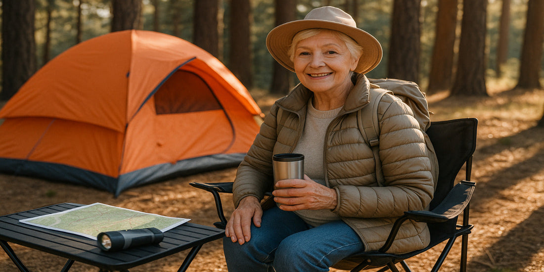 Smiling senior woman camping in the forest, sitting by a tent with a backpack, map, and flashlight, holding a travel mug.