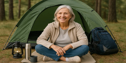 A smiling senior woman with silver hair sits cross-legged on a mat in front of a green tent, with a lantern, thermos, mug, and backpack nearby.