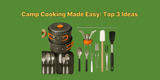 A complete set of compact camp kitchen tools and cookware, ideal for outdoor cooking and backpacking, displayed in a clean, overhead view.