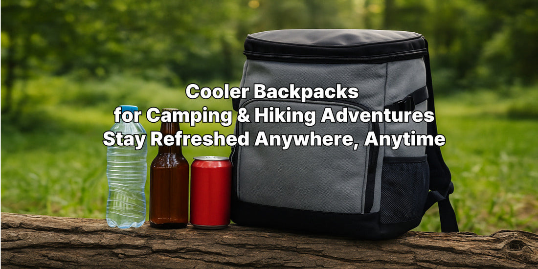 A cooler backpack on a log with drinks in a forest setting—ideal for camping, hiking, and keeping food and beverages cold outdoors.