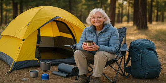 Smiling senior woman sitting by a yellow tent in a forest, holding a mug, with backpack, camping stove, and gear arranged nearby.
