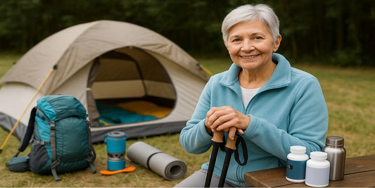 A smiling senior woman with short gray hair sits beside a tent and backpack, holding trekking poles in a peaceful outdoor campsite.