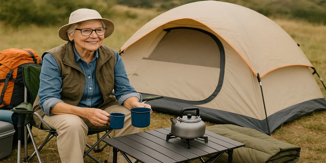 Smiling senior woman camping outdoors, sitting on a chair with mugs in hand beside a beige tent, kettle, and camping gear.