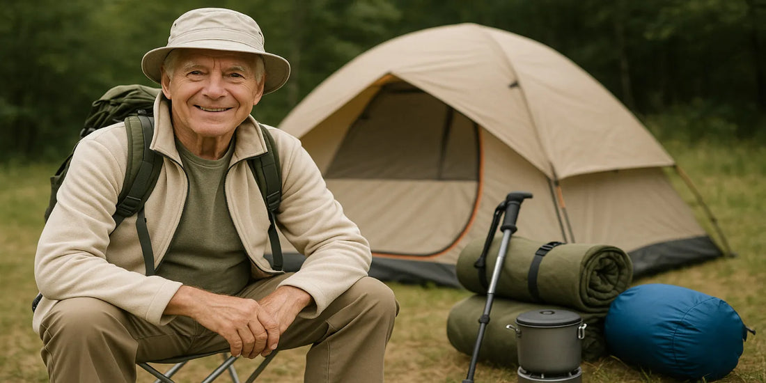 Alt text: "Smiling senior man sitting by a pitched tent with backpack, sleeping bag, and camping gear, enjoying safe and easy outdoor camping."