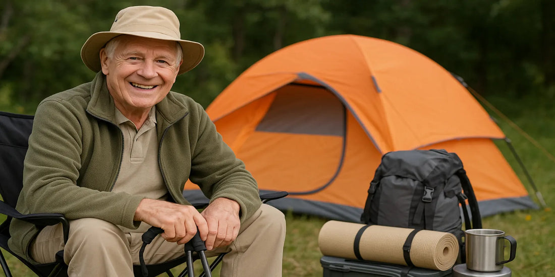 Smiling senior man sitting on a camping chair with gear and an orange tent in the background, enjoying safe outdoor camping.