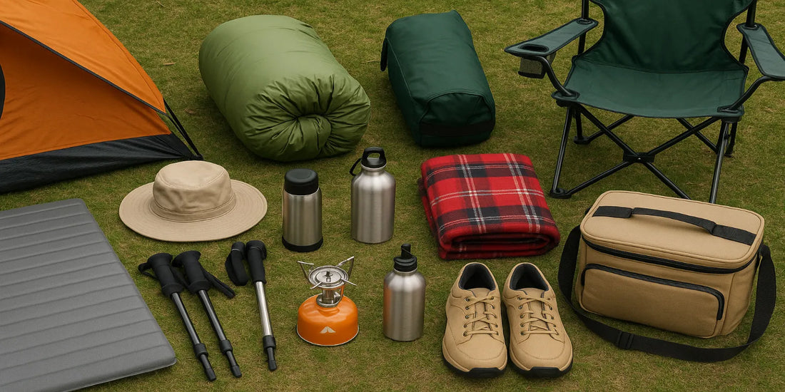 Camping essentials on grass including tent, sleeping bag, hiking shoes, lantern, thermos, blanket, folding chair, and trekking poles.