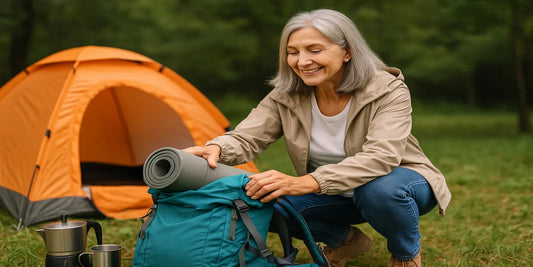 A senior woman camping with a small tent and backpack in a sunny field, representing safe, light, and easy senior travel gear.