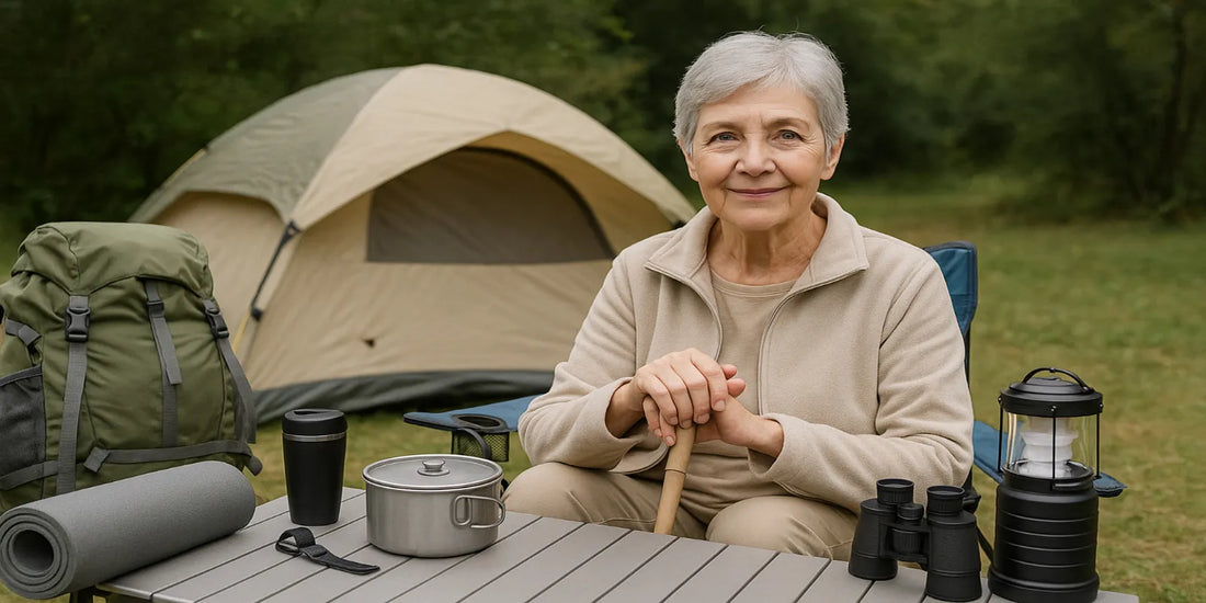 A senior woman sits by a tent with camping gear, smiling in a forest setting, showing safe and light outdoor tips for seniors.