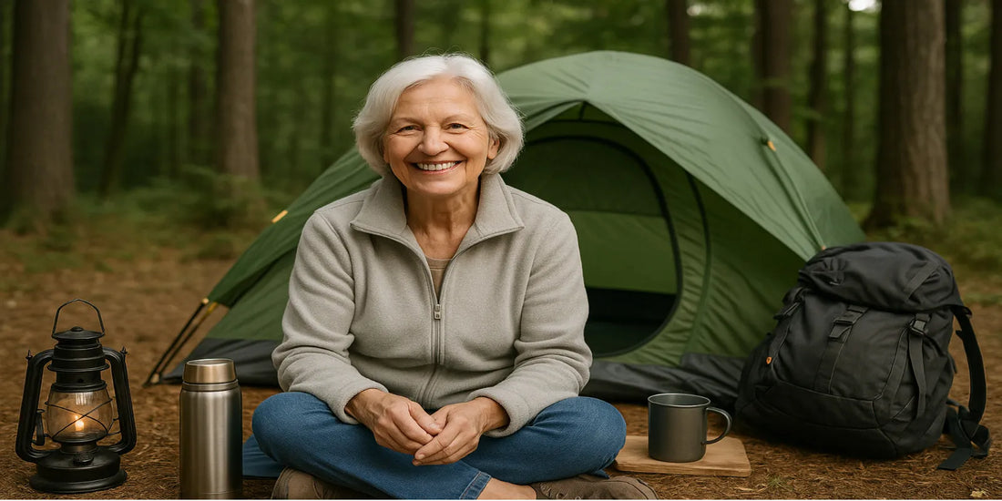 A smiling senior woman sits cross-legged on a mat outside a green tent, with a lantern, thermos, mug, and backpack beside her.