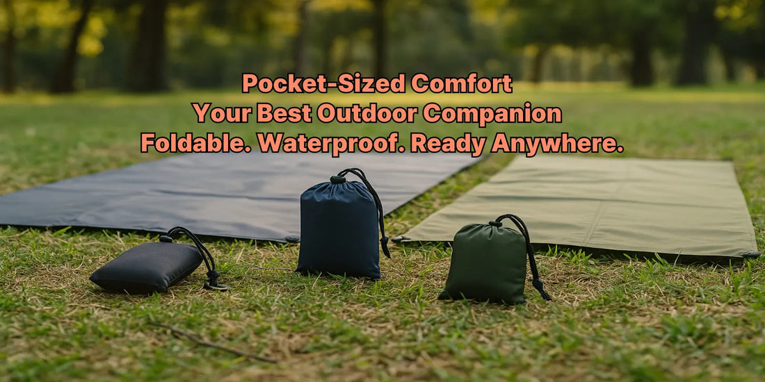 Three compact pocket picnic blankets with storage pouches on grass, perfect for camping, hiking, or beach trips in a forest setting.