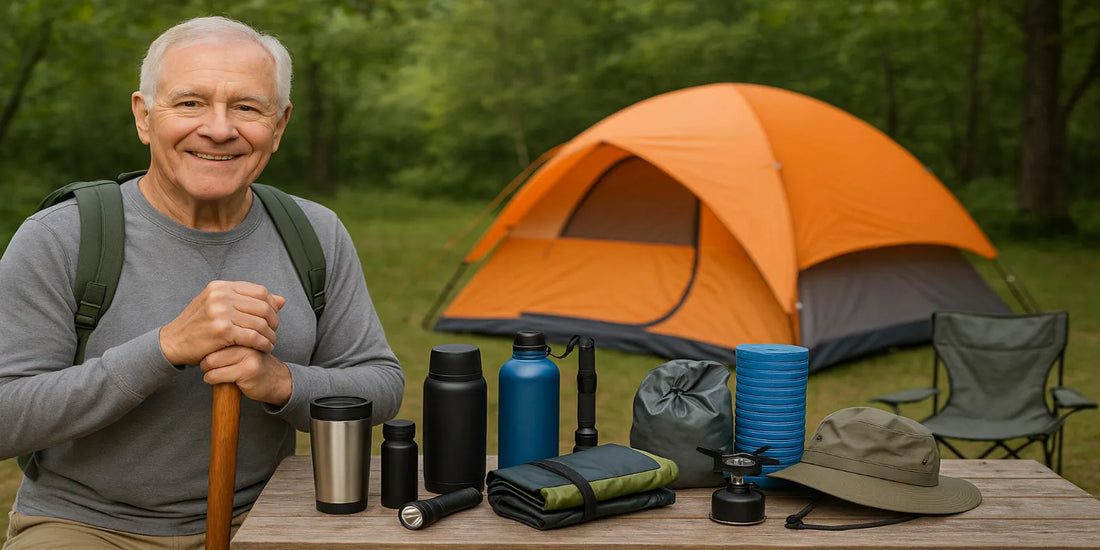 Smiling senior man camping outdoors with safe gear, including tent, chair, thermos, flashlight, and essentials on a wooden table.