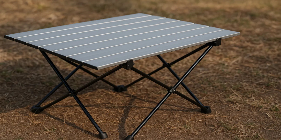Ultralight foldable camping table with aluminum slats and black X-frame legs, set on dry ground outdoors for portable outdoor use.