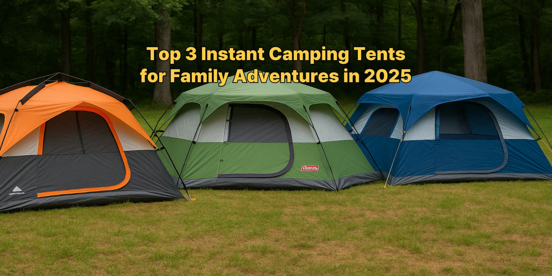 Three colorful instant setup camping tents for family trips are pitched on green grass with a forest background, perfect for outdoor adventures.