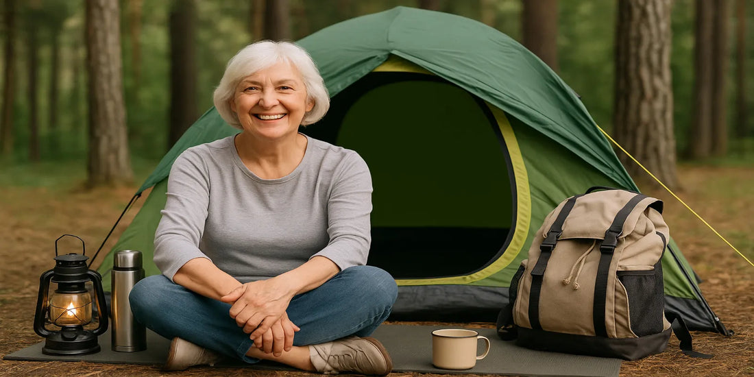 A smiling senior woman with white hair sits cross-legged on a mat outside a green tent, with a lantern, thermos, mug, and backpack nearby.