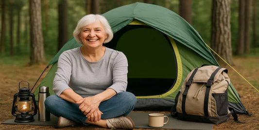 A smiling senior woman with white hair sits cross-legged on a mat outside a green tent, with a lantern, thermos, mug, and backpack nearby.