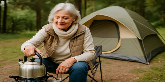 A senior woman with light skin sitting beside a tent, enjoying camping while boiling water over a portable stove in a forest setting.