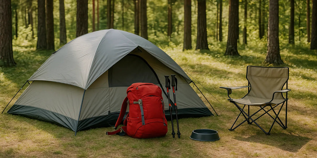 Gray camping tent with red backpack, trekking poles, and foldable chair set up in a sunny forest clearing for safe senior camping.