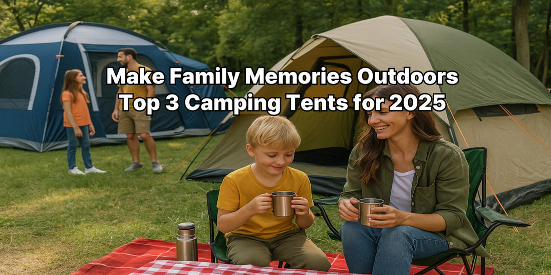 A happy family of four enjoying a peaceful camping day together with two large tents set up in a green forest under the bright summer sunlight.