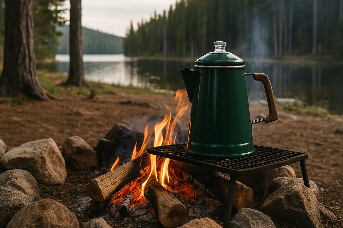 Green camping coffee percolator brewing over a campfire near a lake, surrounded by rocks and pine trees in a peaceful outdoor setting.