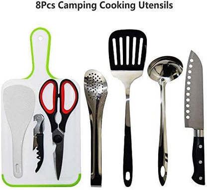 Camp Kitchen Utensil Organizer Travel Set Portable BBQ Camping Cookware Stainless Steel Utensils Travel Kit Outdoor Equipment Cutting Board Tongs Scissors Knife Ladle Spatula