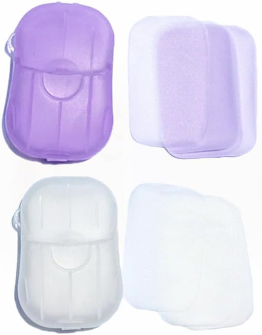 100Pcs Blue Portable Soap Sheets, Mini Portable Travel Soap Paper Sheets Disposable Water Soluble Hand Washing Bath Scented Paper Soap Camping Hiking and Shampoo for Outdoor(White&Purple)