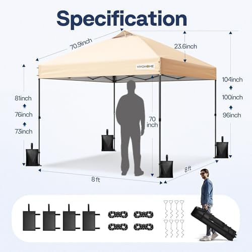 VIVOHOME 8x8ft Pop Up Canopy Tent One Push Setup Outdoor Portable Shelter Tent Heavy Duty with Wheel Carry Bag and 4 Sandbags, Beige