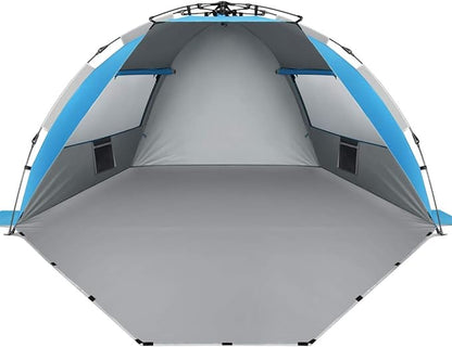 Oileus X-Large 4 Person Beach Tent Sun Shelter - Portable Sun Shade Instant Tent for Beach with Carrying Bag, Stakes, 6 Sand Pockets, Anti UV for Fishing Hiking Camping, Waterproof Windproof, Blue