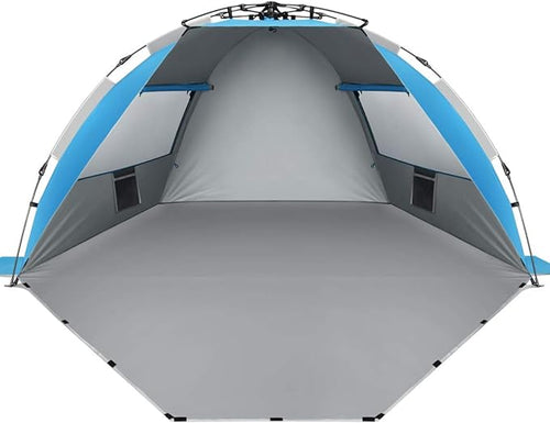 Oileus X-Large 4 Person Beach Tent Sun Shelter - Portable Sun Shade Instant Tent for Beach with Carrying Bag, Stakes, 6 Sand Pockets, Anti UV for Fishing Hiking Camping, Waterproof Windproof, Blue
