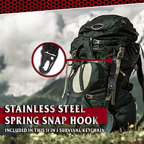 Men's Keychain | 11-in-1 LED Carabiner Lanyard Key Chain Fires Starter for Camping, Fishing, Hunting & Outdoor Emergencies Multipurpose Survival Tool Emergency Whistle, Flint Rod
