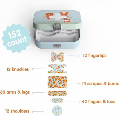Cupkin Adhesive Bandages for Toddlers and Big Kids, Heal in Style with Fun, Colorful Designs Perfect for Boys and Girls, Comes in Reusable Cute First Aid Kit Metal Tin, Wild Animals, 152 Count