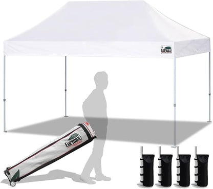 Eurmax USA 10'x15' Pop Up Canopy Tent Commercial Instant Canopies with Heavy Duty Roller Bag,Bonus 4 Sand Weights Bags (White)
