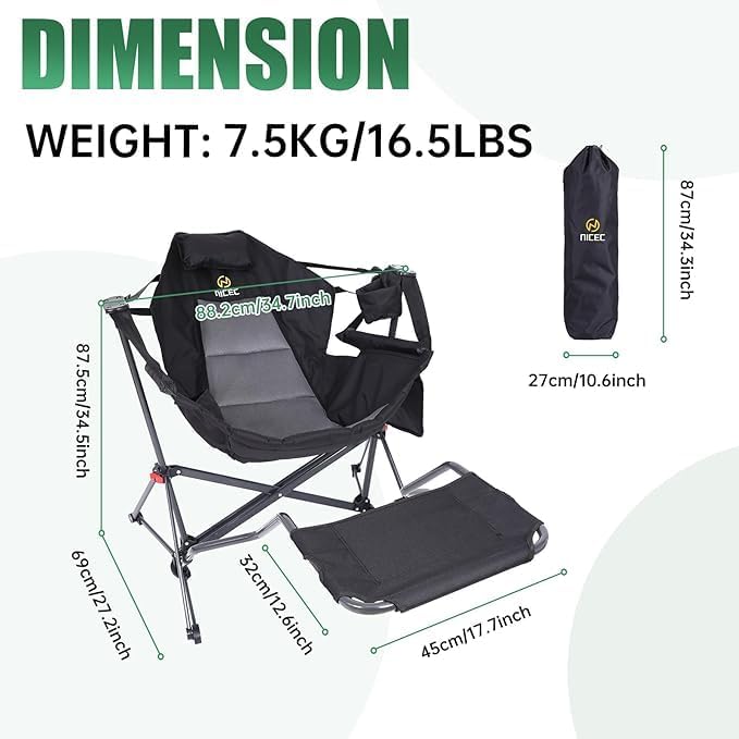 Nice C Hammock Camping Chair, Camping Chair Rocker, Swinging Chair, High Back with Stand, Cup Holder, Side Pocket, Heavy Duty (2, Black w/footrest)