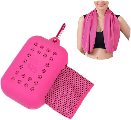1 Pack Sports Towel with Silicone Storage Bag and Carabiner Clip, Microfiber Cooling Towels, Quick Dry Stay Cool Chilly Towel for Yoga Running, Gym, Camping, Travel Sports Towels, Rose Red